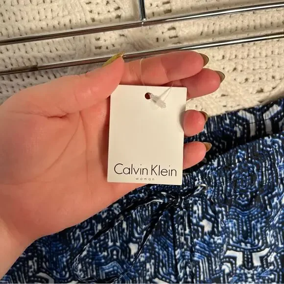 NWT CALVIN KLEIN | Blue Geometric Print Drawstring Satin Straight Leg Pants - Picture 8 of 8